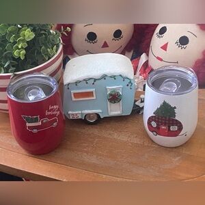 Country Camper Christmas lot. Two metal insulated tumblers with Camper Christmas